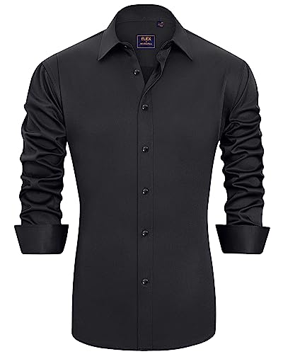J.VER Men's Casual Long Sleeve Stretch Dress Shirt Wrinkle-Free Regular Fit Button Down Shirts Black Large