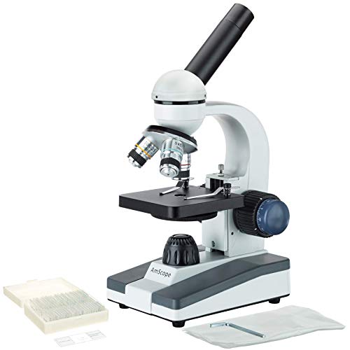 AmScope M150C-PS25 Compound Monocular Microscope, WF10x and WF25x Eyepieces, 40x-1000x Magnification, LED Illumination, Brightfield, Single-Lens Condenser, Coaxial Coarse and Fine Focus, Plain Stage, 110V, Includes Set of 25 Prepared Slides