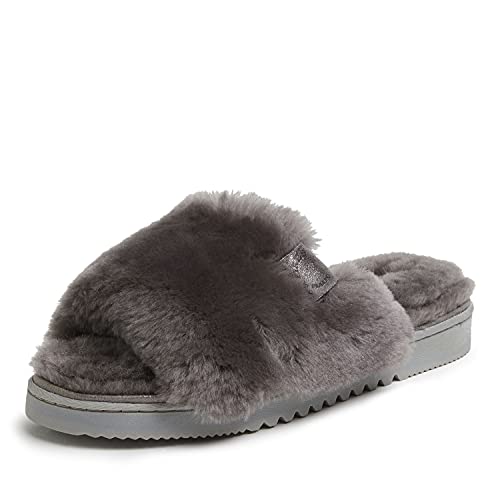 Dearfoams Women's Fireside Cairns Shearling Easy on/Off Slide Sandal Slipper, Grey, 8