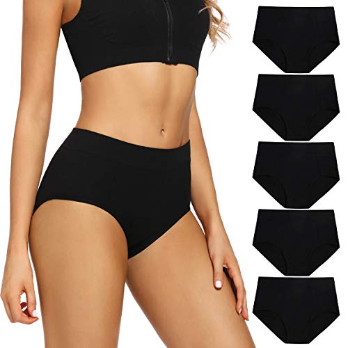 POKARLA Women's Cotton Stretch Underwear Ladies Mid Rise Briefs Panties 5-Pack Black(Medium)
