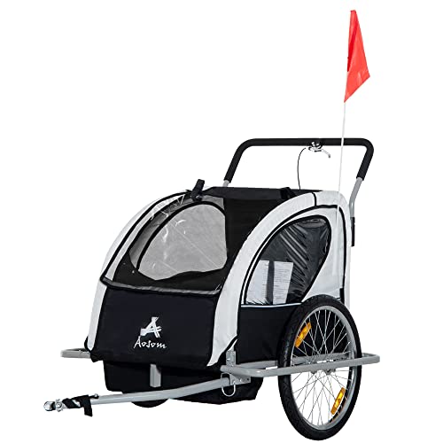 Aosom Elite Three-Wheel Bike Trailer for Kids Bicycle Cart for Two Children with 2 Security Harnesses & Storage, White