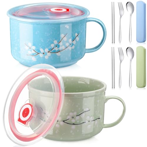 2 Pcs 30 oz Ceramic Soup Bowl with Lid and Handle Snow Flake Blossoms Cherry Pattern Microwave Soup Mug Instant Noodles Cup,2 Sets Stainless Utensils Fork Spoon Chopsticks with Case(Blue, Green)