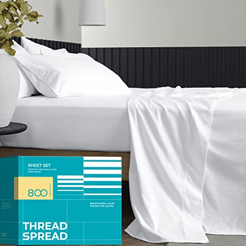 THREAD SPREAD Queen Sheet Set, 800 Thread Count 100% Egyptian Cotton Sheets Queen Size Bed Sheet Set, 4Pc Cooling Bed Sheets Queen Size, Soft Luxury Hotel Sheets, Deep Pocket Queen Sheets Set - White