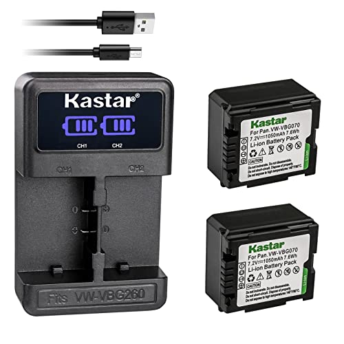 Kastar 2-Pack VW-VBG070 Battery and LED2 USB Charger Compatible with Panasonic AG-HMC45A AG-HMC70 AG-HMC70U AG-HMC73MC AG-HMC80 AG-HMC83MC AG-HMC150 AG-HMC151E AG-HMC153MC AG-HMC155 AG-HMR10 Camera