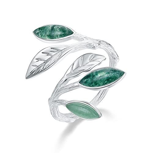 Lotus Fun Christmas Gifts 925 Sterling Silver Marquise Shape Jade Aventurine Open Leaf Rings Olive Leaf Rings Handmade Jewelry Unique Gifts for Women Mother Mom Wife Girls