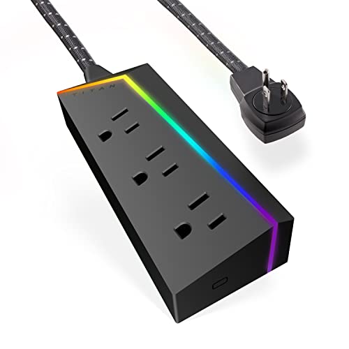 Titan 3-Outlet Power Strip, 4 ft Braided Extension Cord, LED Light Strip with Full Spectrum Color-Select, Compatible with Power Gaming PC, Laptop, Computer Setup, PS4, PS5, Xbox, Black, 60046