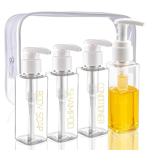Hethyo Travel Bottles for Toiletries Tsa Approved 3.4oz/100ml 4 Pack Travel Size Containers Shampoo and Conditioner Bottles Empty Pump Bottle Dispenser Leakproof Refillable Cosmetic Containers