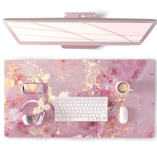 QIYI Large Mouse Pad, Cute Pink Desk Mat for Desktop, Women Girls PU Leather Waterproof Gaming, Rose Gold Marble Computer PC Laptop Protector Writing Pads for School Office Home 31.5' x 15.7'