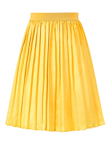 LIONJIE Girls Yellow Skirts Elastic High Waist Shiny Midi Pleated A-Line Swing Long Fall Skirt 9-10Y