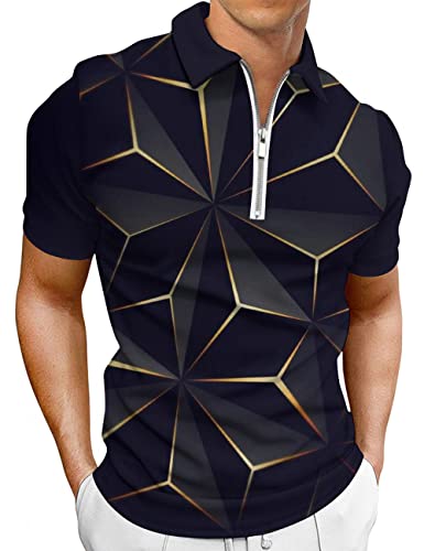 Hodaweisolp Mens Long Sleeve Polo Shirts Casual Zipper Printed Athletic Golf Tennis T-Shirt Tops 3D Cubic Geometry-XXXL