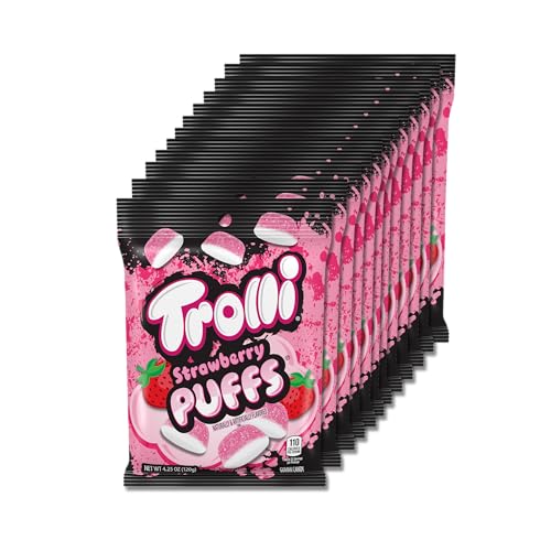 Trolli Strawberry Puffs, Sour Gummy Worms Candy, 4.25 Ounce Bags (Pack of 12)