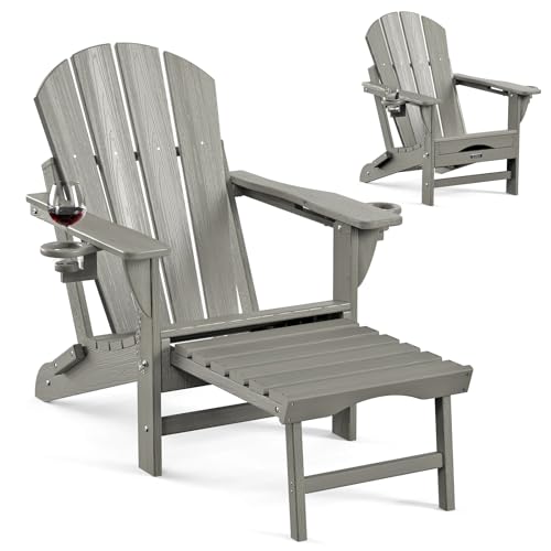 Ciokea Folding Adirondack Chair with Retractable Ottoman Fire Pit Chair Patio Adirondack Chair Weather Resistant Lawn Outdoor Lounge Chair with 2 Cup Holder（Grey）
