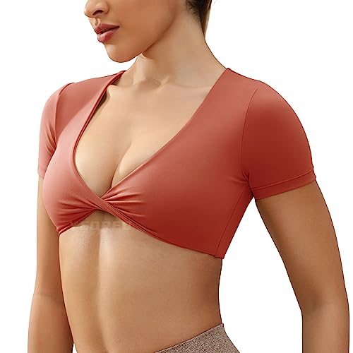 YEOREO Kyla Workout Crop Tops for Women Short Sleeve Twist Front Crop Tank Top Padded Sports Bra Casual Shirts Rust Brown S