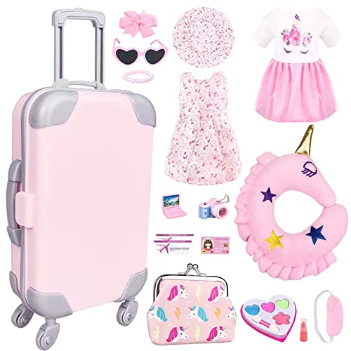 BNUZEIYI 17Pcs 18 Inch Girl Doll Clothes and Accessories Doll Accessories Travel Play Set with Travel Pillow Camera for 18 Inch Dolls Gift for Girls