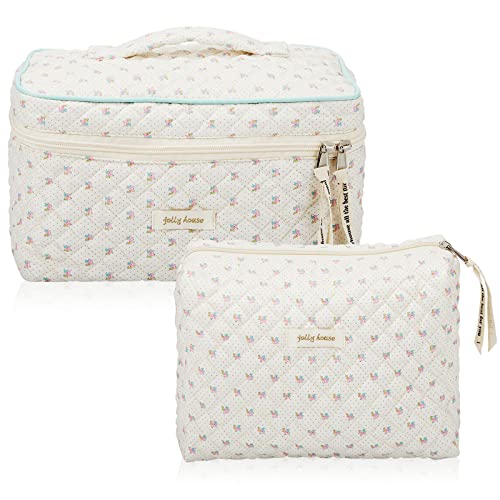 Zeyune 2 Pcs Cotton Quilted Makeup Bag, Large Travel Coquette Cosmetic Bag, Aesthetic Cute Floral Cherry Peony Toiletry Organizer skincare Bag for Women Girls(Floral Style)