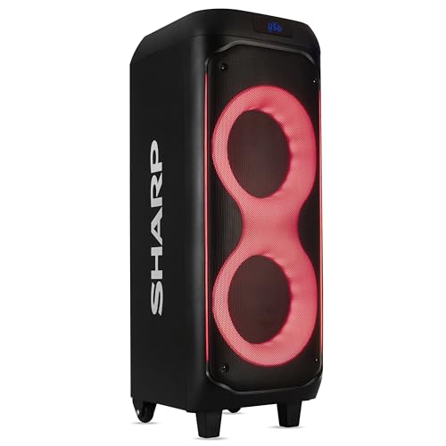 Sharp PS-935 Party Speaker System with Microphone - Bluetooth Portable Loud Speaker - Luggage-Style Handle and Wheels!