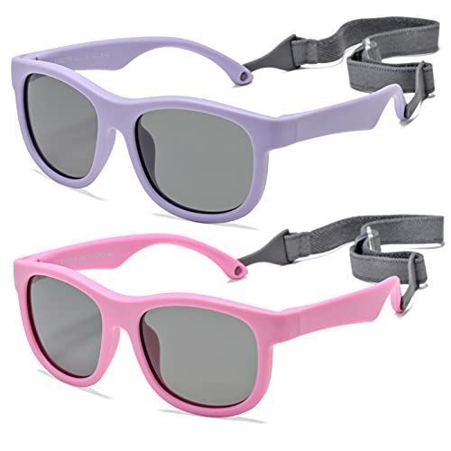 NULOOQ Flexible Polarized Baby Sunglasses with Adjustable Strap for Toddler Newborn Infant Age 0-24 Months (Pink/Gray + Purple/Gray) - 2 Pack