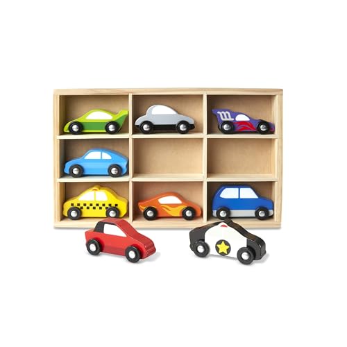 Melissa & Doug Wooden Cars Vehicle Set in Wooden Tray - Toys For Toddlers And Kids Ages 3+