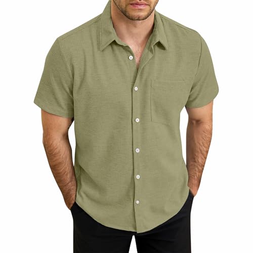 Mens Cotton Linen Shirt Short Sleeve Casual Button Down Shirt Solid Soft Touch Lightweight Linen Shirt, Polo Shirt for Men T Shirts Mens Golf Shirts Hawaiian Shirt(Army Green,X-Large)