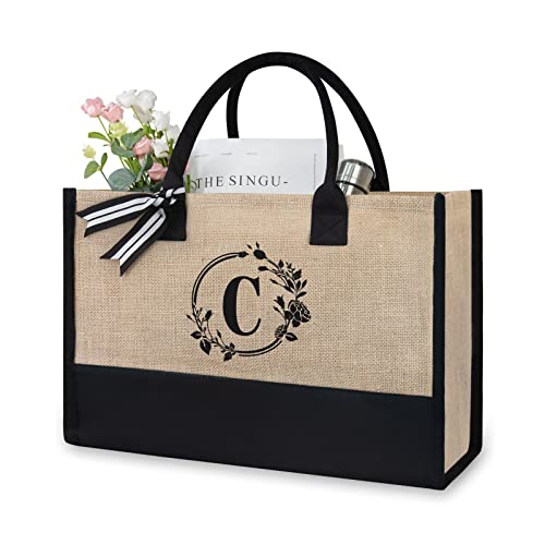 TOPDesign Initial Jute/Canvas Tote Bag, Personalized Present Bag, Suitable for Wedding, Birthday, Beach, Holiday, is a Great Gift for Women, Mom, Teachers, Friends, Bridesmaids (Letter C)