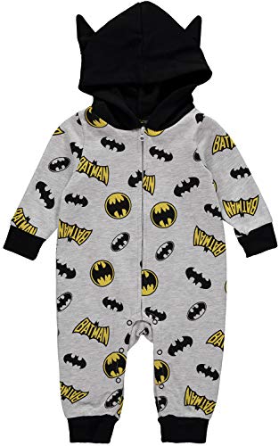 DC Comics Batman Baby Boy Romper with Hooded Jumpsuit (Grey/Black/Yellow, 18 Months)