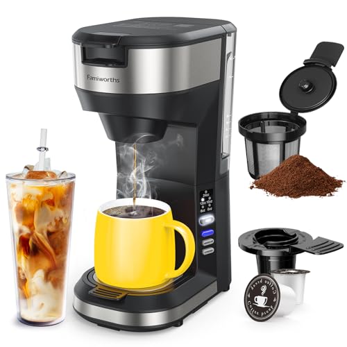 Famiworths Upgraded Hot and Iced Coffee Maker for K Cups and Ground Coffee, 4-5 Cups Coffee Maker and Single-serve Brewers, with 30Oz Removable Water Reservoir, 6 to 24Oz Cup Size, Classic Black