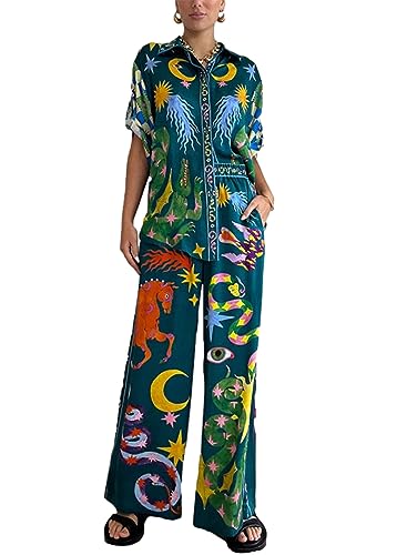Peaceglad Women's Summer Print Two Piece Pajama Set Short Sleeve Button Down Tops Drawstring Long Pants Sleepwear Sets(Blue,S)