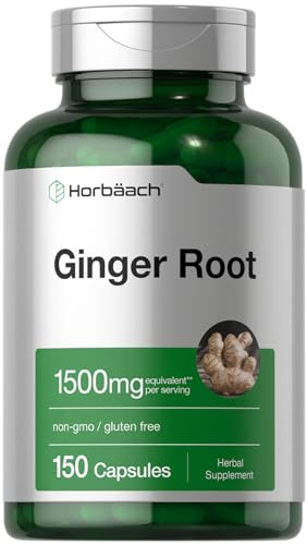 Horbaach Ginger Root Capsules 1500 mg | 150 Pills | DNA Tested, Non-GMO, Gluten Free | Ginger Root Extract