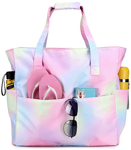 Beach Pool Bags Tote for Women Ladies Large Gym Tote Carry On Bag With Wet Compartment for Weekender Travel Waterproof (Rainbow pink)