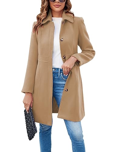 Fisoew Women's Elegant Single Breasted Coat Long Sleeve Mid Winter Overcoat Work Office Pea Coats