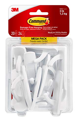 Command Medium Utility Hooks, Damage Free Hanging Wall Hooks with Adhesive Strips, No Tools Wall Hooks for Hanging Organizational Items in Living Spaces, 20 White Hooks and 24 Command Strips (1 Pack)