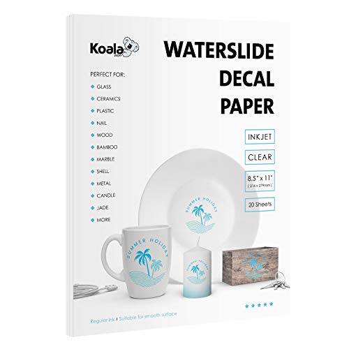 Koala Waterslide Decal Paper INKJET CLEAR, 20 Sheets 8.5x11 Inch Water Slide Transfer Paper Transparent Printable Waterslide Paper for DIY Tumbler, Mug, Nails