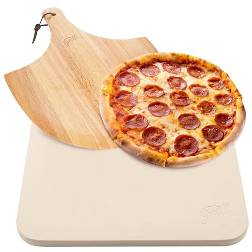 HANS GRILL PIZZA STONE | Rectangular Pizza Stone For Oven Baking & BBQ Grilling With Free Wooden Peel | Extra Large 15 x 12' Inch Durable Cordierite Cooking Stone.