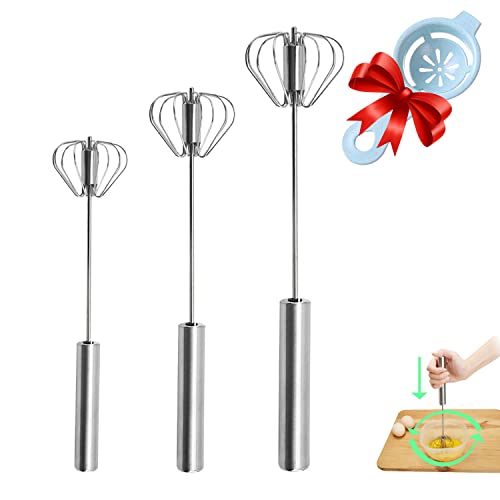 Semi-automatic Whisk, Stainless Steel Egg Beater, Hand Push Rotary Whisks Mixer Stirrer for Making Cream, Whisking, Beating and Stirring… (10+12+14Inch)