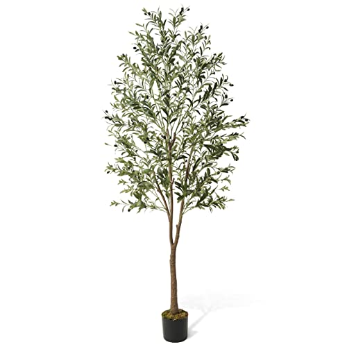 CAPHAUS 7 Feet, 84 Inch, Artificial Olive Tree, Faux Plant in Pot, Faux Olive Branch and Fruit, Fake Potted Topiary Tree with Dried Moss for Indoor Home Office Modern Housewarming Decoration Gift