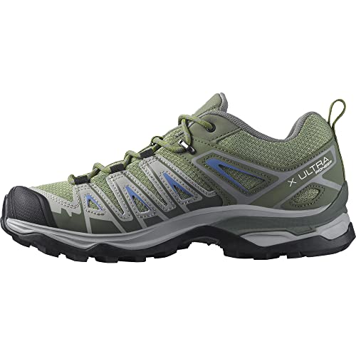 Salomon X Ultra Pioneer AERO Hiking Shoes for Women, Oil Green/Castor Gray/Amparo Blue, 8
