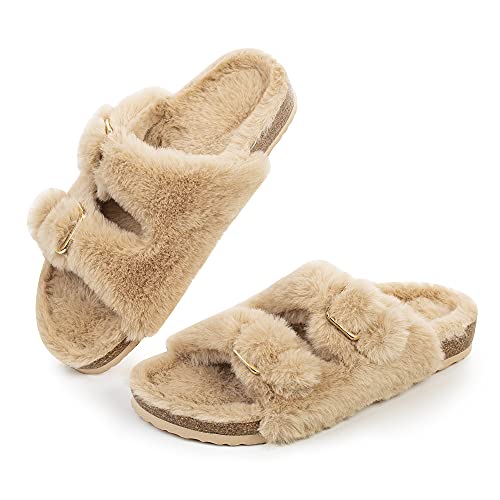 FITORY Womens Open Toe Slipper with Cozy Lining,Faux Rabbit Fur Cork Slide Sandals Size 8.5