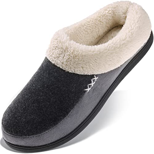 VONMAY Men's Slippers Fuzzy House Shoes Memory Foam Slip On Clog Plush Wool Fleece Indoor Outdoor Size 9-10 Black/Grey