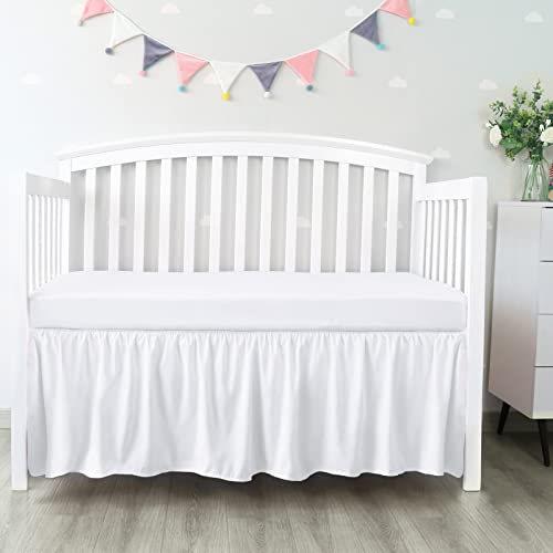 Crib Bed Skirt 28” x 52” with 14” Drop Pleated Dust Ruffle for Baby Boys Girls Elastic Adjustable Fit Toddler Bedskirt Easy On/Off Soft Nursery Standard Crib Bedding Skirts Solid White Crib Skirt
