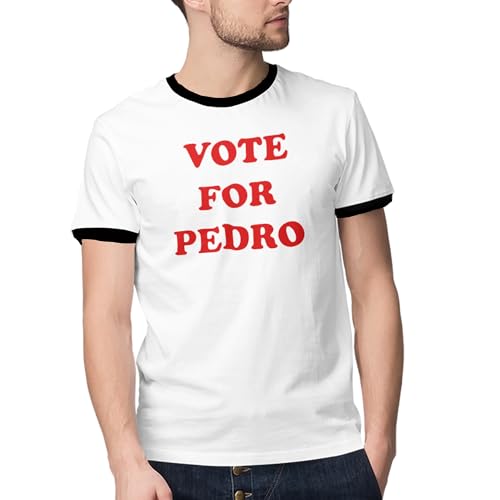 DIRTYRAGZ Men's Vote for Pedro T-Shirt, Napoleon Dynamite Costume Merchandise for Halloween, Graphic Ringer Tee Men Shirt, L White