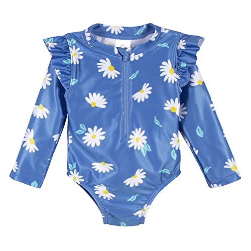 Gerber Girls' Toddler Long Sleeve One Piece Rashguard Swimsuit, Blue Daisies, 6-9 Months