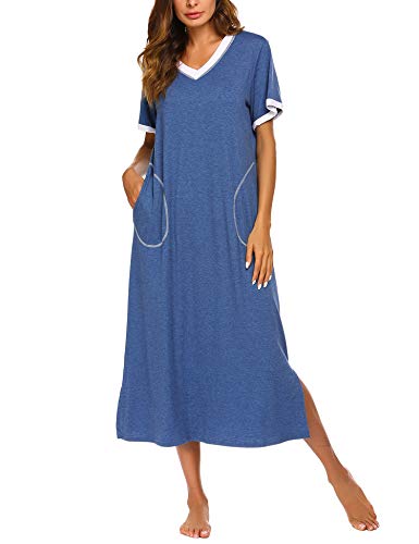Ekouaer Womens, Nightgown Nightshirt Loungewear, Long, Ultra-Soft Full Length Sleepwear with Pocket, Aa-blue, Large