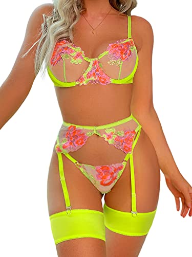 Kaei&Shi Garter Lingerie for Women,Underwire Floral Embroidered Sheer Lace Lingerie,G-String Matching Thigh Bands 4 Piece Sexy Lingerie Set Petite Boudoir Fluorescent Green Small