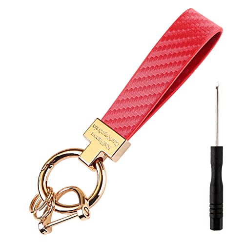 Turcee Carbon Fiber Car Keychain,Automotive Interior Accessories Keychains Leather Car Key Fob &Anti-Lost D-Ring (Red)