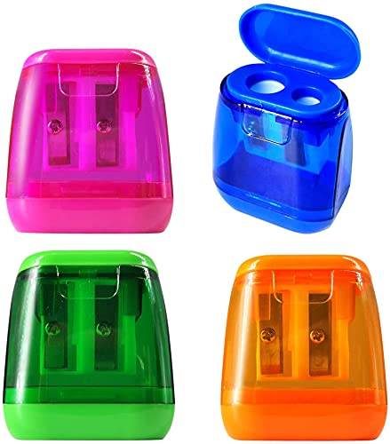 PROMISE FLOURISH Pencil Sharpeners Manual Pencil Sharpener 4Pcs,Double Hole Pencil Sharpener with Cover and Receptacle,Portable Pencil Sharpener for Home School Office (Blue Rose Orange Green)