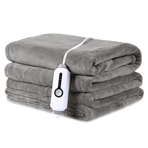 DUODUO Heated Electric Blanket 62'x84' Twin Size Warm Coral Fleece with 4 Heat Settings & 10 Hours Auto Shut Off Overheating Protectsion - Light Grey
