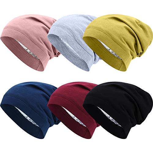 SATINIOR 6 Pieces Satin Lined Sleep Slouchy Cap, Hair Cap for Sleeping, Girl Headwear for Frizzy Curly Hair Women (Black, Red, Light Gray, Blue, Yellow, Pink)