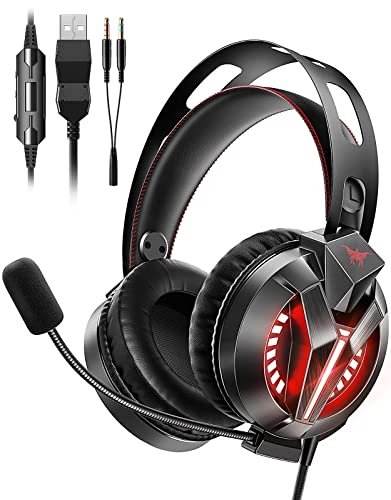 Combatwing Pc Gaming Headset with Microphone & Led Light,Stereo Bass Surround & Soft Memory Earmuffs, 78.7 Inch Cable Over Ear Wired Gaming Headphones with Noise Cancelling Mic for Pc Ps5 Ps4 Xbox Mac