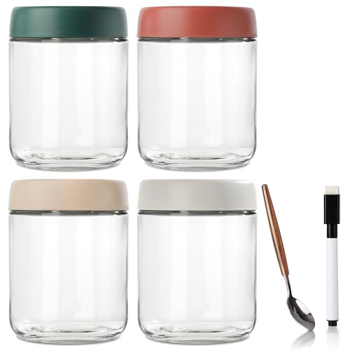 DIMBRAH Overnight Oats Containers with Lids,16oz Glass Jars with Lids - Set Of 4, Practical Oatmeal Container to Go, Chia Seed Pudding Jars, with Spoon and Marker