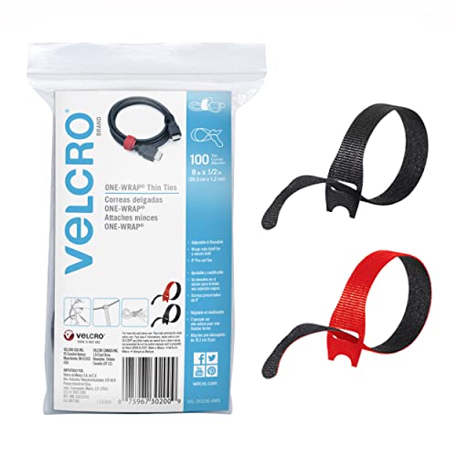 VELCRO Brand Cable Ties, 100Pk - 8 x 1/2' Red and Black, Reusable Alternative to Zip Ties, ONE-WRAP Thin Pre-Cut Cord Organization Straps, Wire Management for Office or Home, VEL-30200-AMS, Black/Red